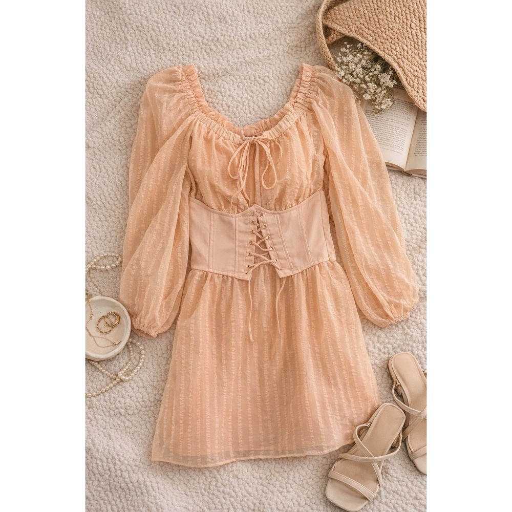 GUESS Coral Peach Corset Mini Dress XS Puff Sleeve Romantic Cottagecore